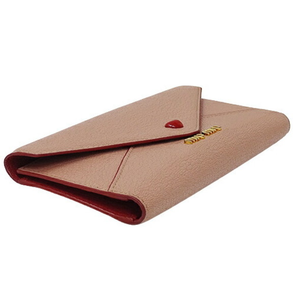 Miu MIUMIU Wallet Women's Long Leather Madras Love Pink 5MH013 Letter Heart - Picture 3 of 12